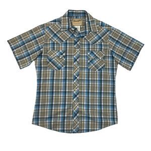 Wrangler Shirt Mens M Stone Blue Plaid Western Yoke Pearl Snap Button Pockets